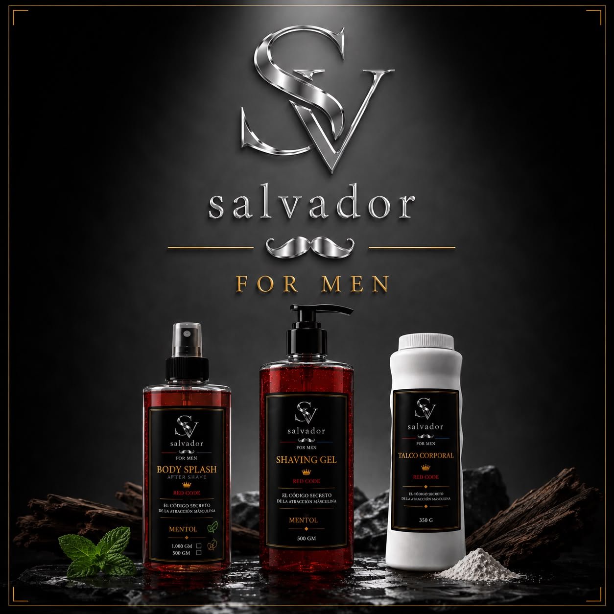 Línea completa Salvador For Men: Body Splash, Gel de Afeitar y Talco Corporal